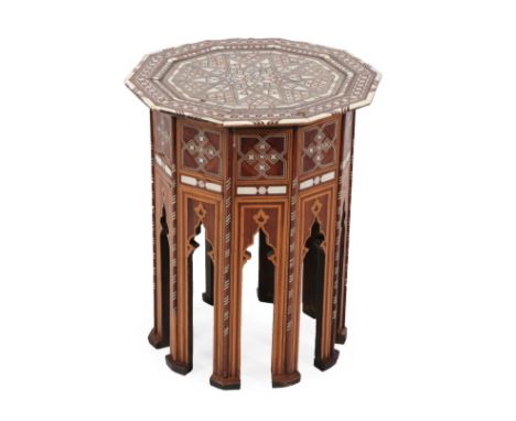 A Damascus Bone and Mother-of-Pearl Inlaid Hardwood Occasional Table, late 19th/early 20th century, the decagonal top inlaid 