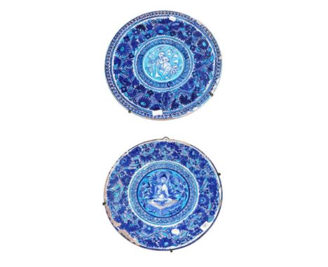 A Multan Faience Dish, Sindh, 19th century, painted in blue and turquoise with central seated Buddha within a broad foliate b