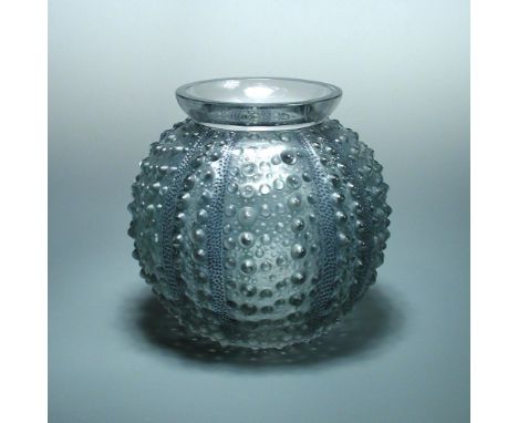Oursin, an R. Lalique glass vase, with green/blue tinting and highlighting, wheel etched R. Lalique mark 19.50cm (8in)  In go