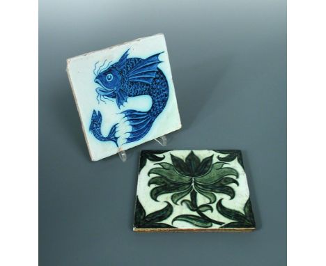 William de Morgan, a fish painted tile, painted in blue, together with another Fulham Pottery tile attributed to de Morgan (2