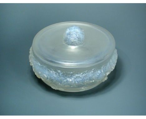Primeveres, an R. Lalique opalescent glass box and cover, with moulded R. Lalique mark 10.50 x 16cm (4 x 6in)  In good condit