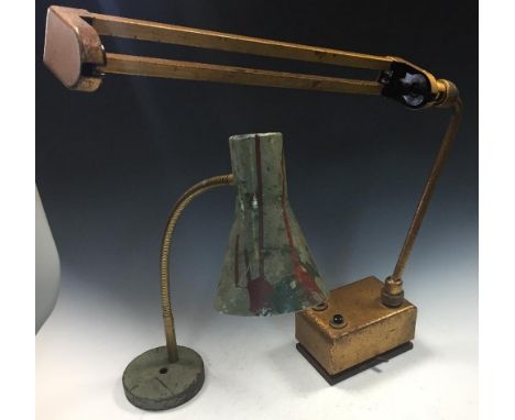A Mazda 'Mazdafluor Type LB16' desk lamp, the adjustable lamp finished in gold, together with another flexible desk lamp with