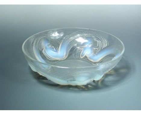 Calypso, an R. Lalique opalescent glass bowl, stencilled R. Lalique mark 9.50 x 30cm (4 x 12in)  The rim has been ground and 