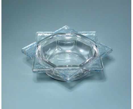Fauvettes, an R. Lalique glass ashtray, with blue highlighting, etched R. Lalique mark and numbered 282 17.50cm (7in)  