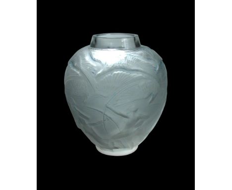 Archers, an R. Lalique clear and frosted glass vase, with blue highlighting, etched R. Lalique mark and numbered 893 26cm (10