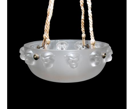 Madagascar, a rare R. Lalique frosted glass plaffonier, complete with suspension hooks and original rope hangings, moulded R.