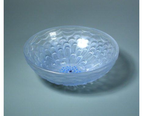 Dahlia, an R. Lalique glass bowl, with blue tinting and highlighting, stencilled R. Lalique mark 6.50 x 18.50cm (3 x 7in)  