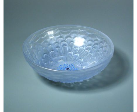 Dahlia, an R. Lalique glass bowl, with blue tinting and highlighting, stencilled R. Lalique mark 6.50 x 18.50cm (3 x 7in)  