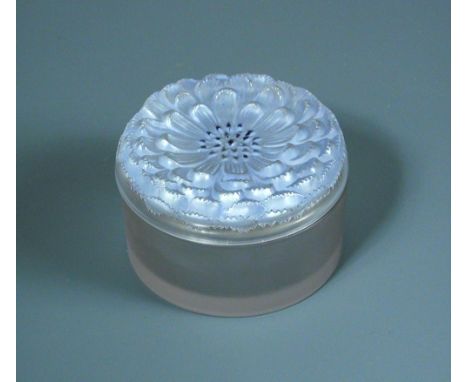 Dahlia, an R. Lalique glass box and cover, the cover with blue tinting and highlighting, stencilled R. Lalique mark 6 x 9cm (