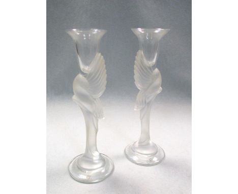 Igor Carl Fabergé, a pair of clear and frosted glass Snow Dove pattern candlesticks, each with etched mark to base (2) 23cm (
