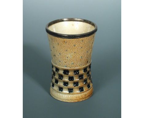 A Martin Brothers stoneware beaker, the waisted cylindrical form with silver mounted rim above incised geometric decoration, 