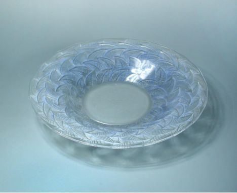 Ormeaux, an R. Lalique glass dish, with blue tinting, stencilled R. Lalique mark 33cm (13in)  In good condition.