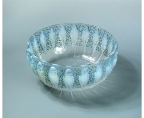 Perruches, an R. Lalique opalescent glass bowl, with blue highlighting, stencilled R. Lalique mark 10.50 x 25cm (4 x 10in)  