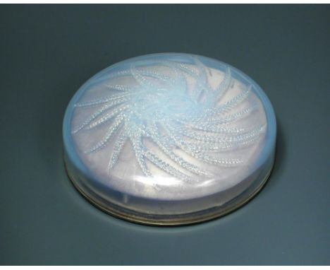 Quatre Flacons, an R. Lalique powder box, the opalescent glass cover to the original cardboard base, moulded R. Lalique mark 