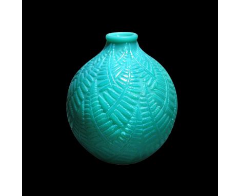 Espalion, an R. Lalique green cased glass vase, etched R. Lalique mark and numbered 996 18cm (7in)  In good condition.