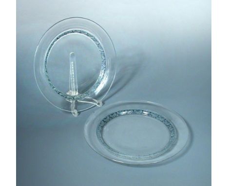 Dampierre, two R. Lalique glass plates, the pattern hightened in blue, wheel etched R. Lalique mark (2) 22cm (9in)  