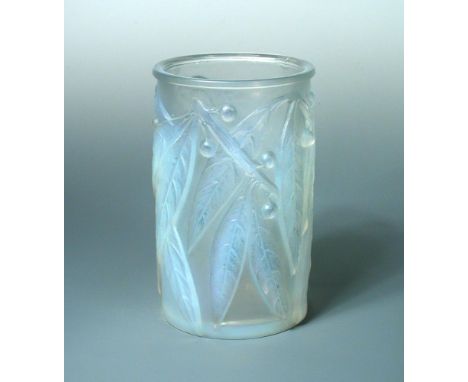 Laurier, an R, Lalique opalescent glass vase, wheel etched R. Lalique mark 17.50cm (7in)  