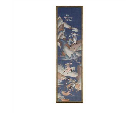                  a blue-ground cloth embroidered with golden thread depicting cavaliers and attendants hunting along rocky mo