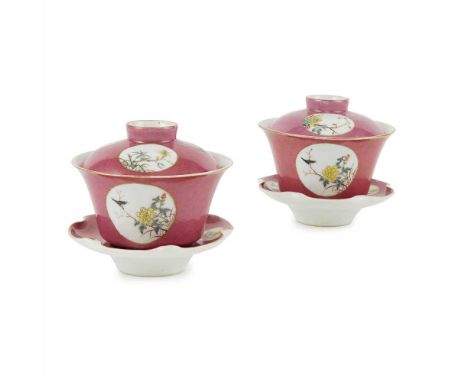                       each cup and cover decorated in three cartouches with magpies, orchids, chrysanthemums, and plum blosso