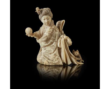 finely carved in kneeling pose, dressed in elegant kimono delicately incised with flowerheads and foliage, her right arm half