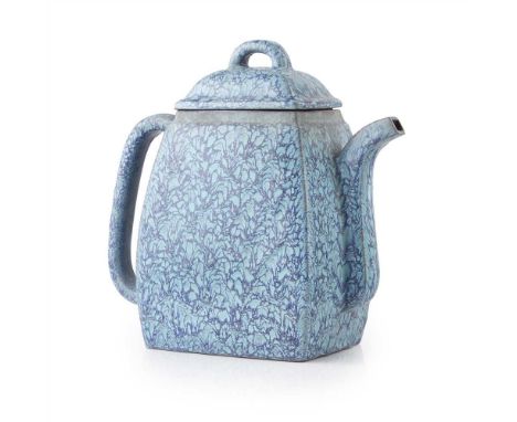                   with a tall square body, both the body and the domed cover covered in a thick layer of Jun-glazed fused wit