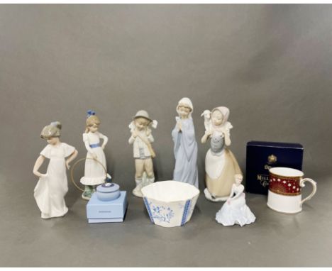 A group of five Nao porcelain figures with a Coalport figure and other items, tallest 26cm.