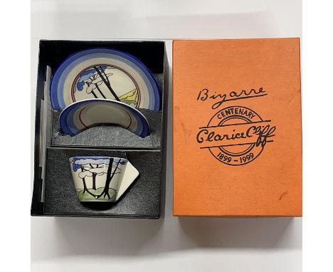 A boxed Wedgewood Clarice Cliff centenery cup saucer and plate.