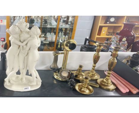 A large composition figure of the three graces, H. 44cm. Together with a stick telephone, candlesticks etc.