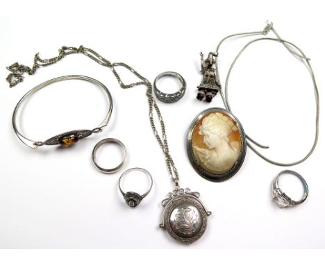 Selection of small Silver Jewellery items including Amber Bangle and Cameo