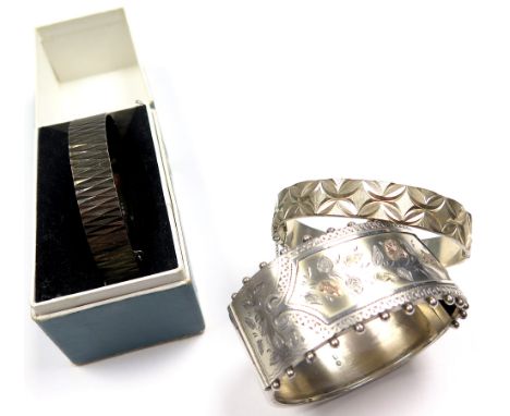 Three silver bangles - two modern hallmarked 1967 and 1973 and one Victorian bangle hallmarked Birmingham, 1884. Total weight