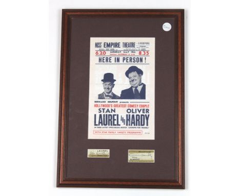 Original set of of Stan Laurel & Oliver Hardy signatures mounted with a facsmile Liverpool Empire poster, framed and glazed, 