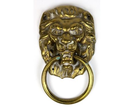 Brass lions head door knocker, circa early / mid 20th century, length 28cm, width 16cm approx