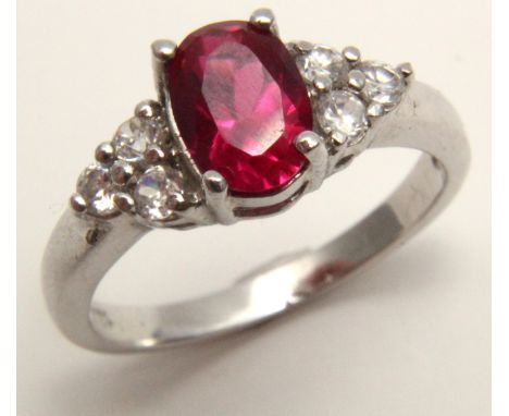 18ct White Gold Ruby and Diamond Ring size J weight 2.0 grams