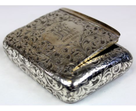 Silver curved snuff box, ornately decorated, hallmarked 'FM, Birmingham, 1895', gilt lined, engraved to lid 'Himalaya 1896', 