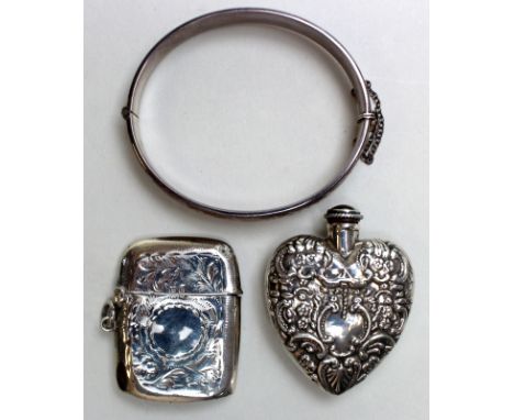Silver bangle, silver vesta case + modern silver heart shaped perfume bottle - various hallmarks .