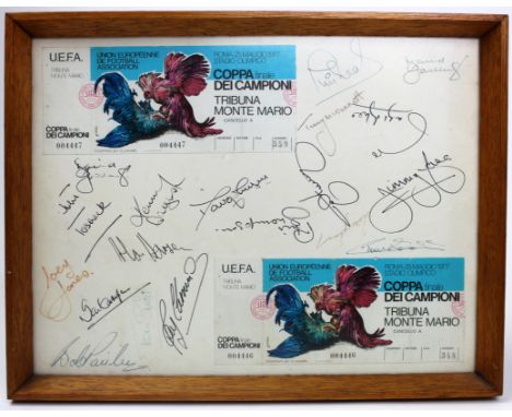 UEFA Cup Final 1977 Liverpool v Borussia Monchengladbach. Pair of original tickets mounted in a frame with 20x original signa