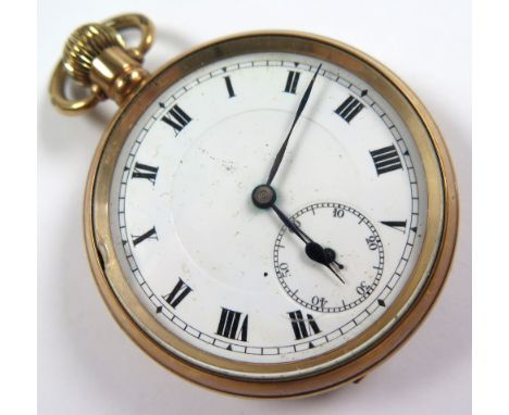 Gold plated open face pocket watch, the white dial with roman numerals with outside minute track, subsidiary seconds at 6 o'c