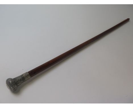 Ornate silver topped walking stick / cane, Hallmarked 'M.B., Birmingham 1892', engraved with initials, length 92.5cm approx.