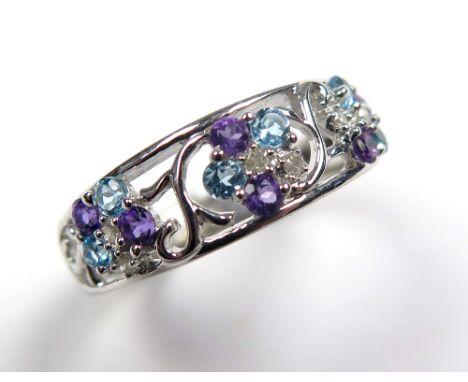 9ct Gold Ring set with Aquamarine, Amethyst and Diamond size K weight 2.9 grams 