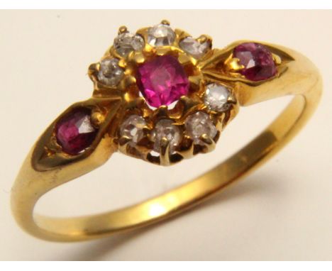 Yellow Metal (tests as 9ct) Ring with Ruby and Diamonds size K weight 2.4 grams