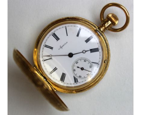 18ct Gold Ladies Hunter Fob Watch by Agassiz, White enamel Dial with black Roman numerals and a second hand weight 60.7 grams