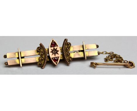 9ct Gold Ruby set Bar Brooch with safety chain weight 3.0 grams