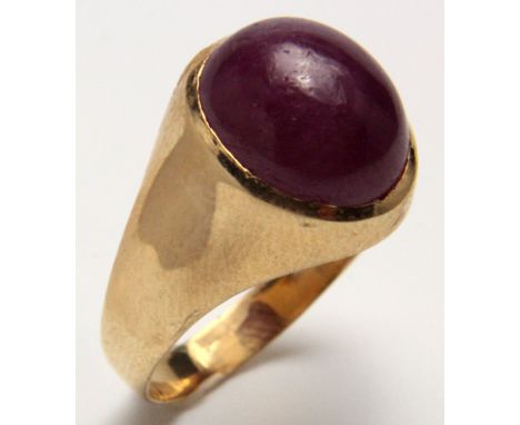 Yellow metal Ring set with cabochon Ruby (tests as 15ct) size Q weight 7.4 grams 
