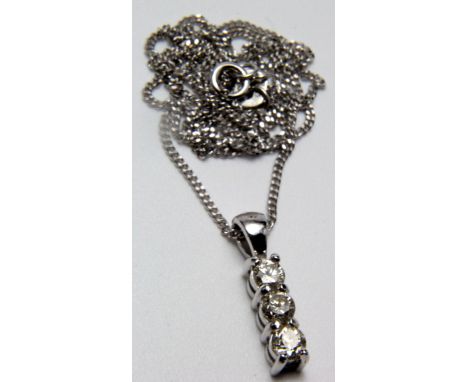 18ct White Gold 3 stone Diamond drop pendant 0.48 ct weight Colour K Clarity SI3 on a fine White Gold Chain