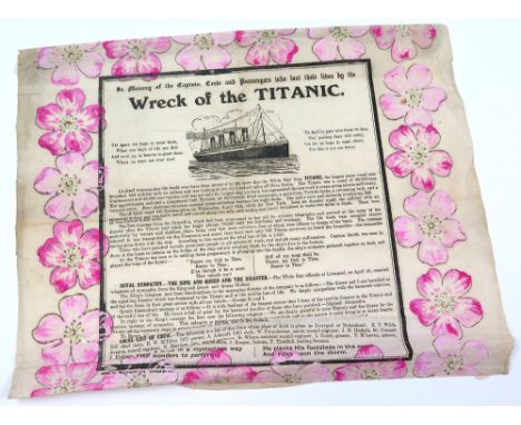 Titanic. A printed tissue paper commerative napkin, 'In Memory of the Captain, Crew and Passengers who lost their lives by th