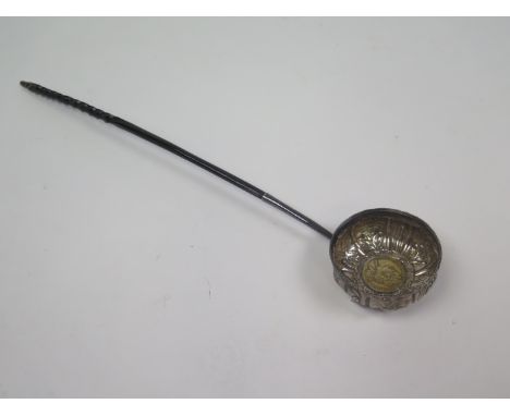 Georgian (probably) Toddy/Punch Ladle, (tests as silver). Bowl inset with a gilded George II silver shilling coin dated 1758 