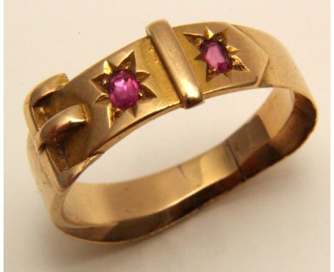 Yellow Metal (tests as 10ct) Ruby set Buckle Ring