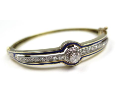 Yellow Metal Blue enamel Diamond Set Bangle with safety catch weight 18.8 grams 