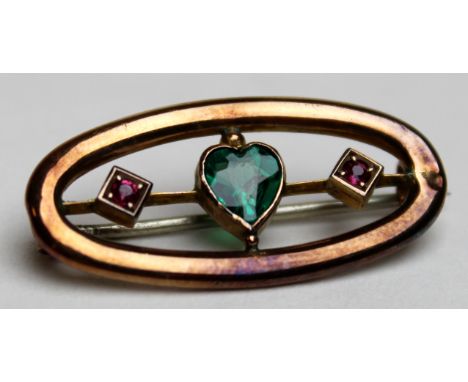 9ct Gold Synthetic Emerald/Ruby Bar Brooch weight 2.5 grams