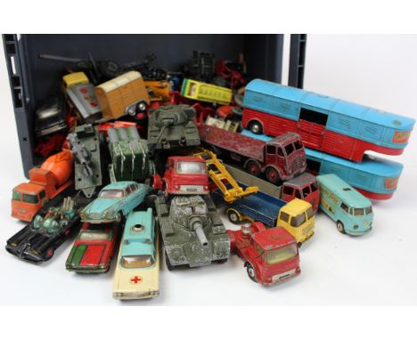 Box of diecast toy vehicles, circa mid 20th century, including Dinky Supertoys and Corgi Major (play worn)